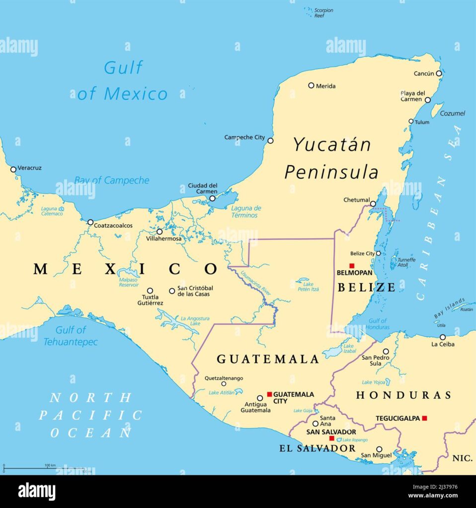 Yucatan peninsula political map large peninsula in southeastern mexico and adjectants portions of belize and guatemala